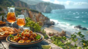 ai generato delizioso guardare cibo meravigliosamente disposte su un' spiaggia di il mare. può essere Usato per attirare turisti, promuovere mare ristoranti, cibo prodotti, ristorazione Servizi o viaggio pacchi foto