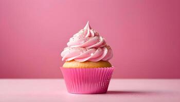 ai generato un' Cupcake con rosa glassa su un' rosa sfondo foto