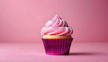 ai generato un' Cupcake con rosa glassa su un' rosa sfondo foto