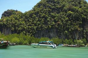 krabi, Tailandia, 2017 - aereo panorama di della tailandese verdeggiante, lussureggiante tropicale isola, nazionale parco isola, con blu e acquamarina il mare, e nuvole splendente di luce del sole nel il sfondo. foto