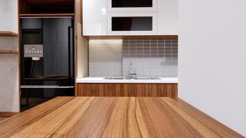 vivente camera, cucina, interno, legna modello, divano nel il stesso colore come un' condominio. foto