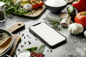 ai generato smartphone con vuoto schermo bugie in mezzo fresco cucinando ingredienti su un' cucina controsoffitto, pronto per un' ricetta App foto