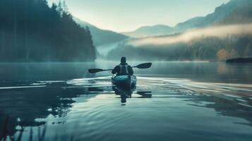 ai generato persona kayak su un' tranquillo lago con scintillante acque, circondato di lussureggiante colline foto