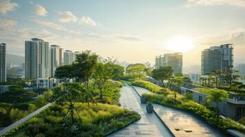 ai generato vivace tetto giardino con diverso impianti contro un' fondale di urbano grattacielo edifici foto