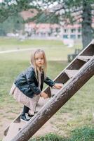 poco ragazza arrampicata un' di legno scala su un' terreno di gioco nel un' parco, guardare lontano foto