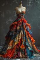 ai generato indossatrice con un' luminosa colorato carnevale vestito su un' nero sfondo foto