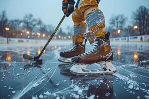 ai generato avvicinamento di un ghiaccio hockey giocatore con un' bastone e un' disco su ghiaccio foto