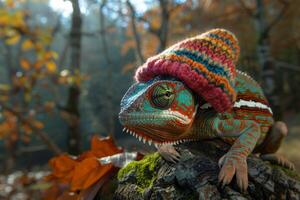 ai generato un' camaleonte nel un' luminosa cappello su il sfondo di un' foresta paesaggio foto