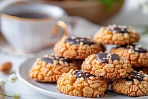 ai generato kuki kacang coklat. cioccolato arachide biscotti. indonesiano eid biscotti kue Lebaran foto