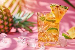 ai generato Mai tai tropicale cocktail con Rum, lime, menta contorno, arancia liquore, Amaretto sciroppo, mandorle foto