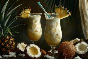 ai generato tropicale Pina colada cocktail o mocktail con Rum, Noce di cocco e ananas foto