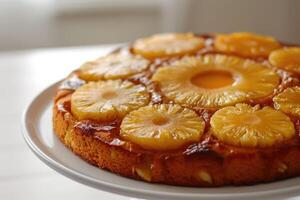 ai generato schiacciato, ananas, sottosopra giù torta, bene stoviglie, tropicale foglie, spazio per testo foto