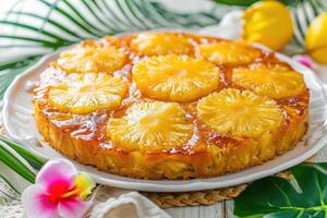 ai generato schiacciato, ananas, sottosopra giù torta, bene stoviglie, tropicale foglie, spazio per testo foto