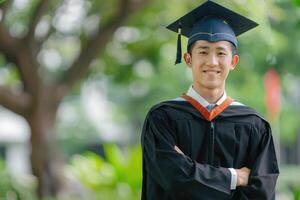 ai generato giovane contento Università diplomato nel la laurea toga e berretto nel il Università città universitaria foto