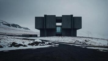 ai generato ipnoticamente lunatico buio e cupo massicciamente monolitico scandinavo minimalismo brutalista futuristico struttura su un islandese nevoso esterno foto