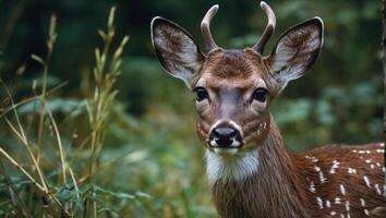 ai generato vicino su Immagine di un' cervo con terroso Marrone pelliccia e bianca macchie su suo indietro in piedi nel un' sereno bosco ambientazione con un' fondale di lussureggiante verde fogliame foto