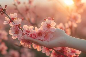 ai generato bellissimo rosa ciliegia fiorire sakura fiori nel mano su tramonto sfondo foto