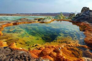 ai generato geotermico acqua presa con luminosa minerale depositi nel deserto vulcanico la zona foto