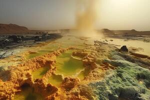 ai generato geotermico acqua presa con giallo minerale depositi nel deserto vulcanico la zona foto