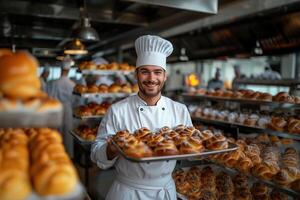 ai generato giovane professionale maschio panettiere Tenere vassoio con panini nel grande moderno forno foto