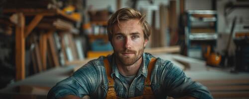 ai generato ritratto di bello falegname nel il suo carpenteria laboratorio foto