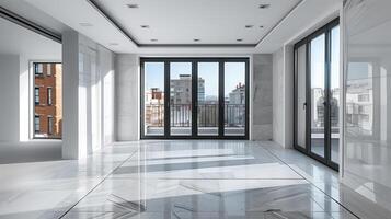 ai generato interno di un' nuovo vuoto appartamento con panoramico finestre e città Visualizza foto