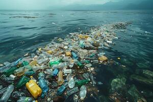 ai generato ambientale inquinamento concetto, plastica rifiuto nel il mare foto