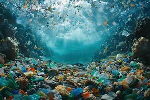 ai generato subacqueo Visualizza di plastica spazzatura vicino riva del mare con luce del sole foto