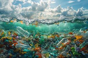 ai generato plastica rifiuto nel il oceano. ambientale inquinamento. foto