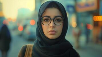 ai generato bellissimo giovane musulmano donna indossare bicchieri e hijab foto