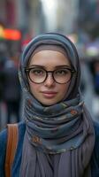 ai generato bellissimo giovane musulmano donna indossare bicchieri e hijab foto