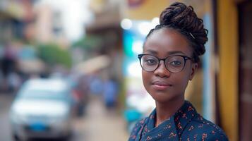 ai generato un' giovane bellissimo africano donna nel bicchieri su occupato città strada foto