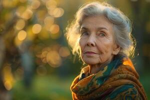 ai generato ritratto di un' grigio dai capelli anziano donna nel un' parco contro un' sfondo di sfocato alberi foto
