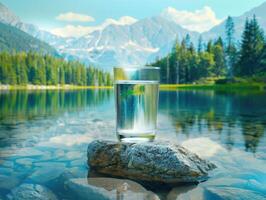 ai generato scrosciante acqua in un' bicchiere contro il natura sfondo. puro pulito bevanda freschezza contro montagna paesaggio foto