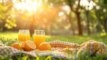 ai generato picnic con Due bicchieri di arancia succo su verde erba nel estate soleggiato giorno nel parco. primavera all'aperto foto