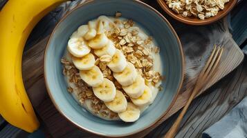 ai generato salutare prima colazione ciotola con affettato Banana e fiocchi d'avena su di legno tavolo foto