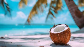 ai generato tropicale spiaggia Noce di cocco su bianca sabbia con oceano Visualizza sfondo foto