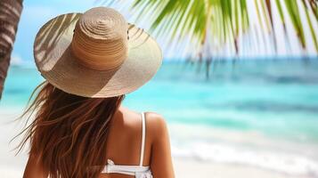 ai generato un' donna nel un' cappello e bianca bikini su il spiaggia foto