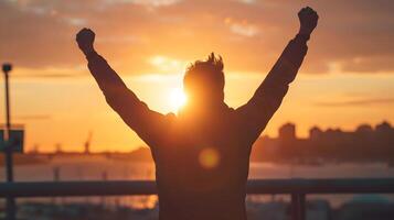 ai generato silhouette di uomo raccolta braccia nel vittoria contro tramonto cielo foto