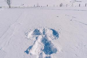 neve angelo su un' soleggiato nevoso pianura foto