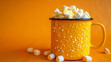 ai generato boccale con marshmallows su un' giallo sfondo. foto