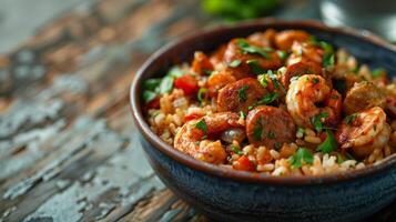 ai generato salato gamberetto Jambalaya nel un' rustico ciotola, guarnito con erbe aromatiche, che rappresentano tradizionale creolo cucina, ideale per culinario temi e mardi gras celebrazioni foto