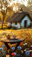 ai generato rustico tavolo con tè nel il campagna estate giornov foto