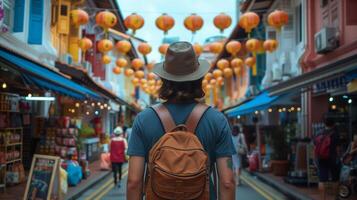 ai generato un' viaggiatore con un' pelle zaino sta in mezzo un' vivace strada decorato con Cinese lanterne, incarnando il culturale ambiance di un' festivo asiatico mercato foto