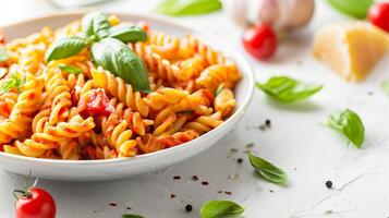 ai generato appena preparato fusilli pasta con pomodoro salsa e basilico nel un' bianca ciotola, circondato di ingredienti piace pomodori, aglio, e formaggio, Perfetto per italiano cucina temi foto