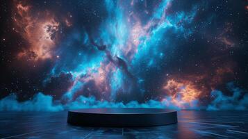 ai generato vuoto nero lucido podio su blu arancia stella galassia sfondo con Fumo su il pavimento per Prodotto Schermo presentazione foto