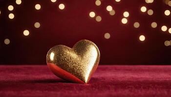 ai generato amore, cuore, celebrazione. cuore su strutturato superficie sotto, morbido messa a fuoco d'oro luci creare bokeh nel sfondo. celebrazione carta o romantico eventi invito. San Valentino giorno foto