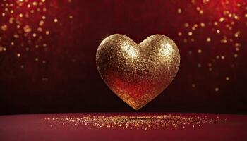 ai generato amore, cuore, celebrazione. cuore su strutturato superficie sotto, morbido messa a fuoco d'oro luci creare bokeh nel sfondo. celebrazione carta o romantico eventi invito. San Valentino giorno foto