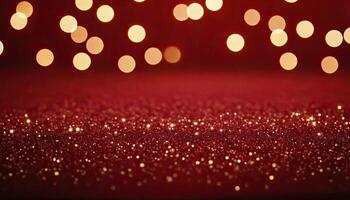 ai generato astratto sfondo, buio rosso, oro particelle - Natale d'oro leggero brillare particelle bokeh. foto