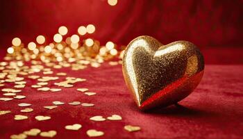 ai generato amore, cuore, celebrazione. cuore su strutturato superficie sotto, morbido messa a fuoco d'oro luci creare bokeh nel sfondo. celebrazione carta o romantico eventi invito. San Valentino giorno foto